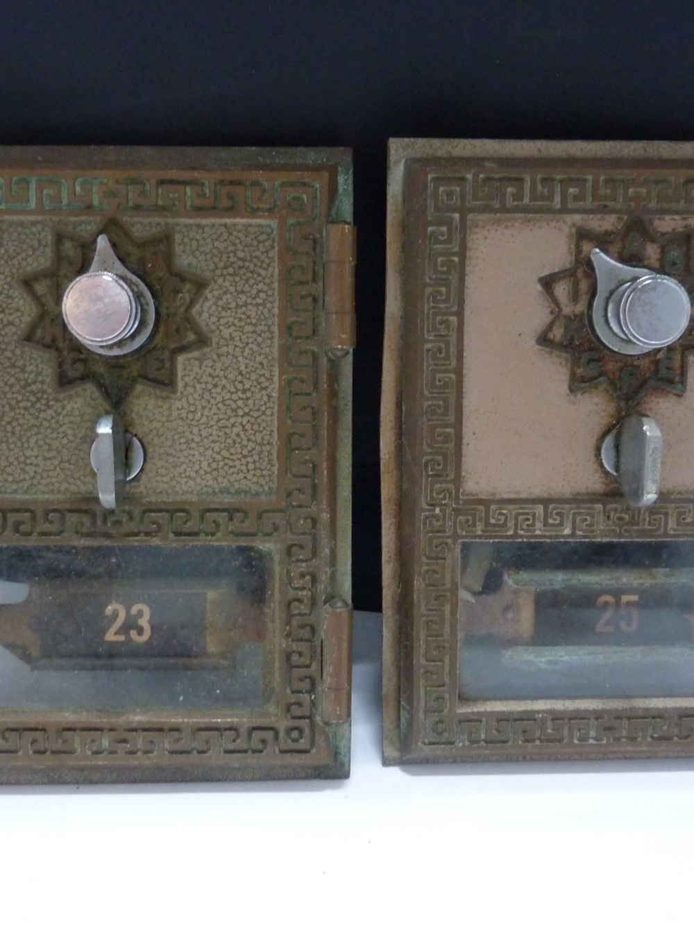LOT OF 2  Vintage 1962s Brass USPS Post Office Po Mail Box Door W/Glass #23 #25